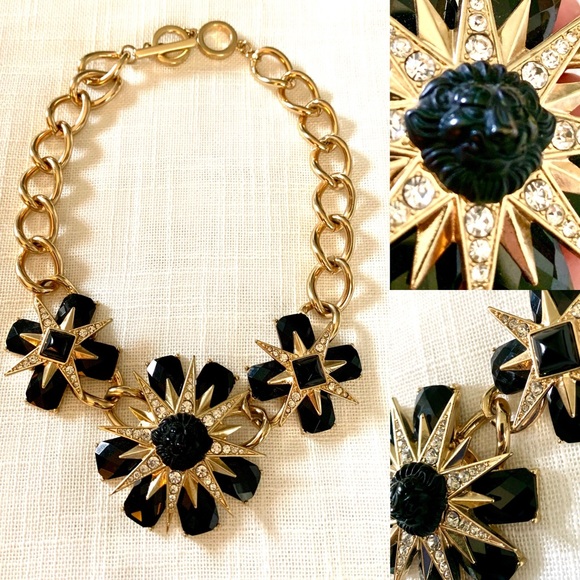 Chunky Gold Link Starburst Lion Head Necklace Statement Mob Wife Gold Black Glam - Picture 1 of 8
